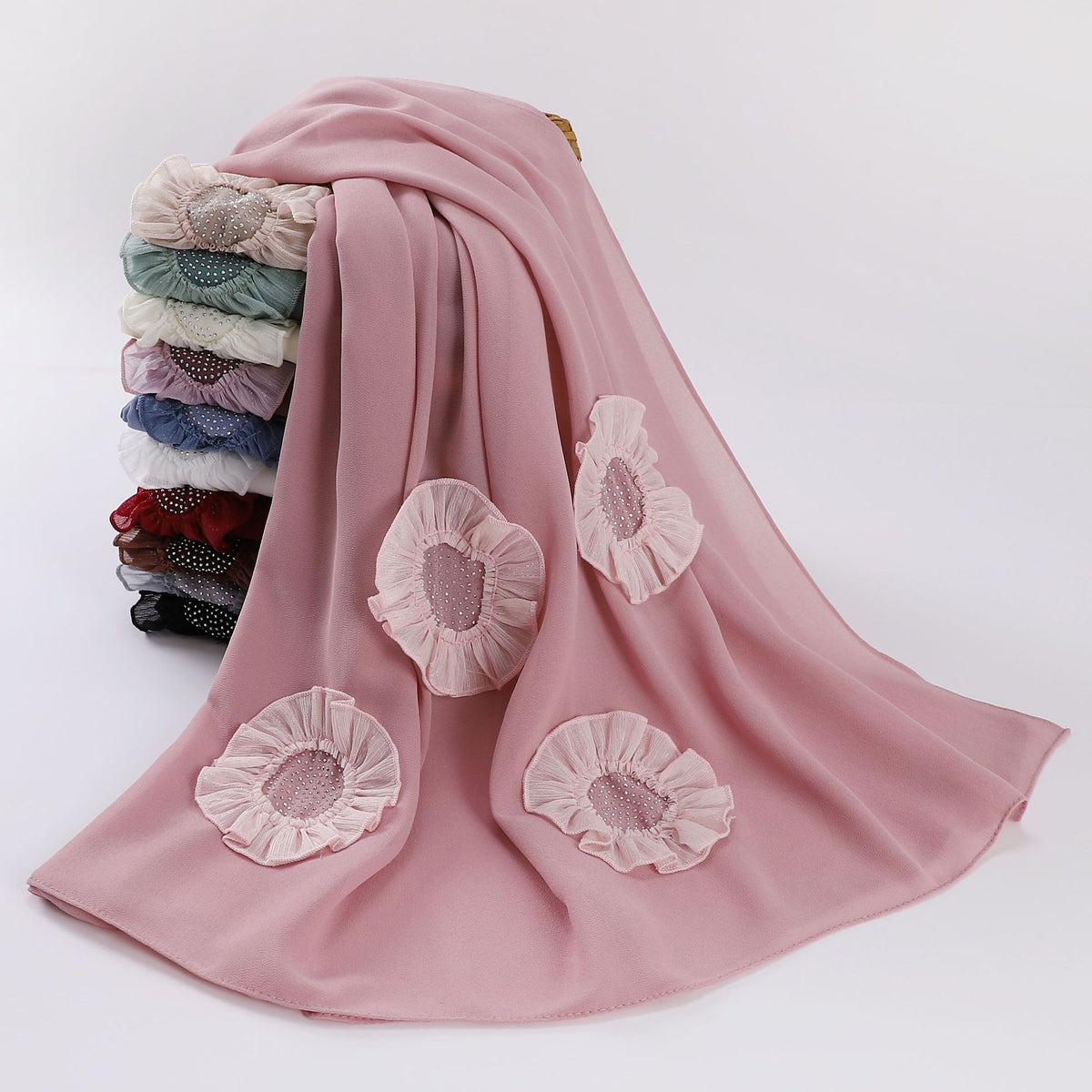 W-0107 plain pearl chiffon hot stamping diamond flower hijab scarf