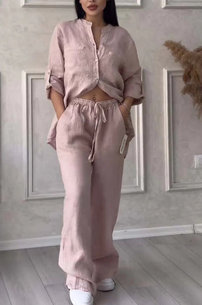 6670  Women's Plain Single-Breasted Long Sleeve Shirt & Tie Waist Pants Set