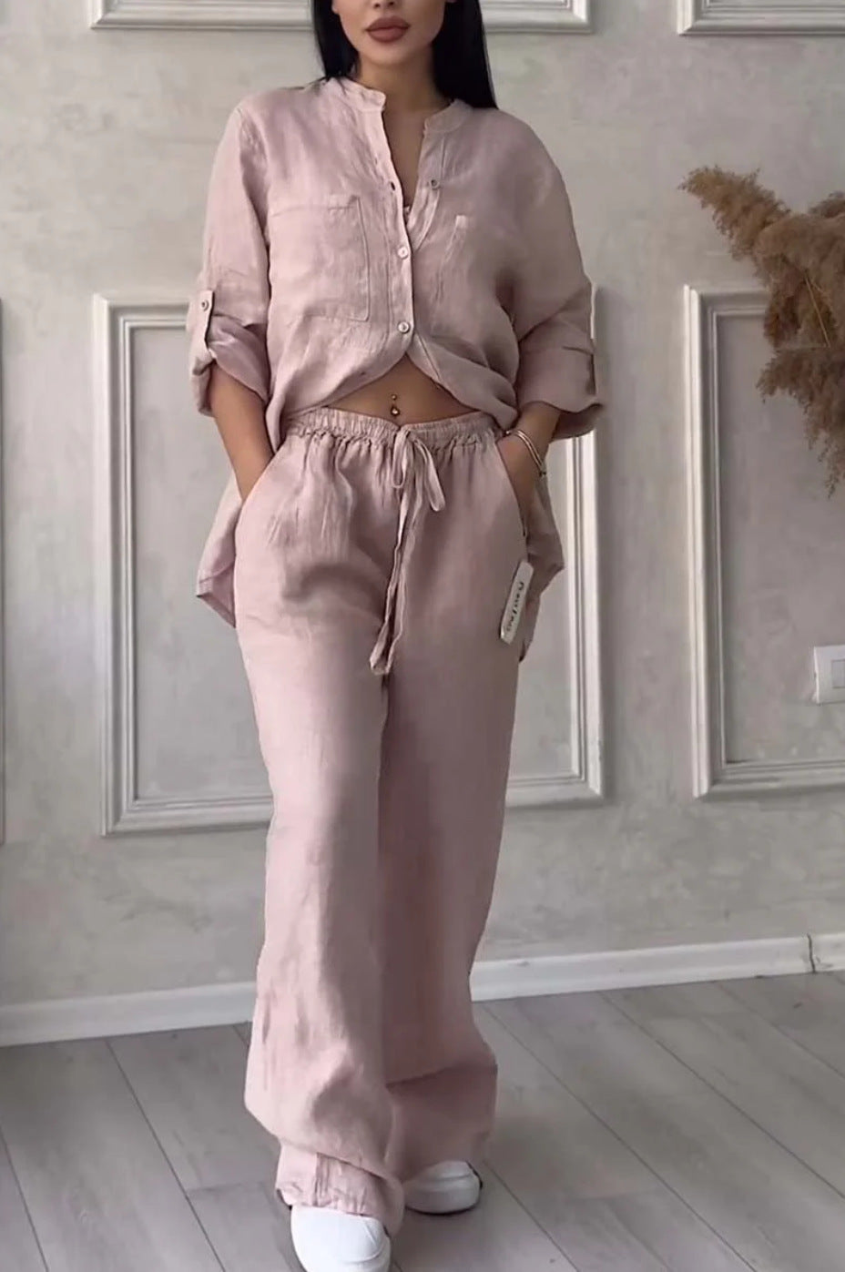 6670  Women's Plain Single-Breasted Long Sleeve Shirt & Tie Waist Pants Set
