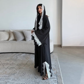 MQ259  Lace Trim Polka Dot Print Abaya Cardigan with Hijab Set