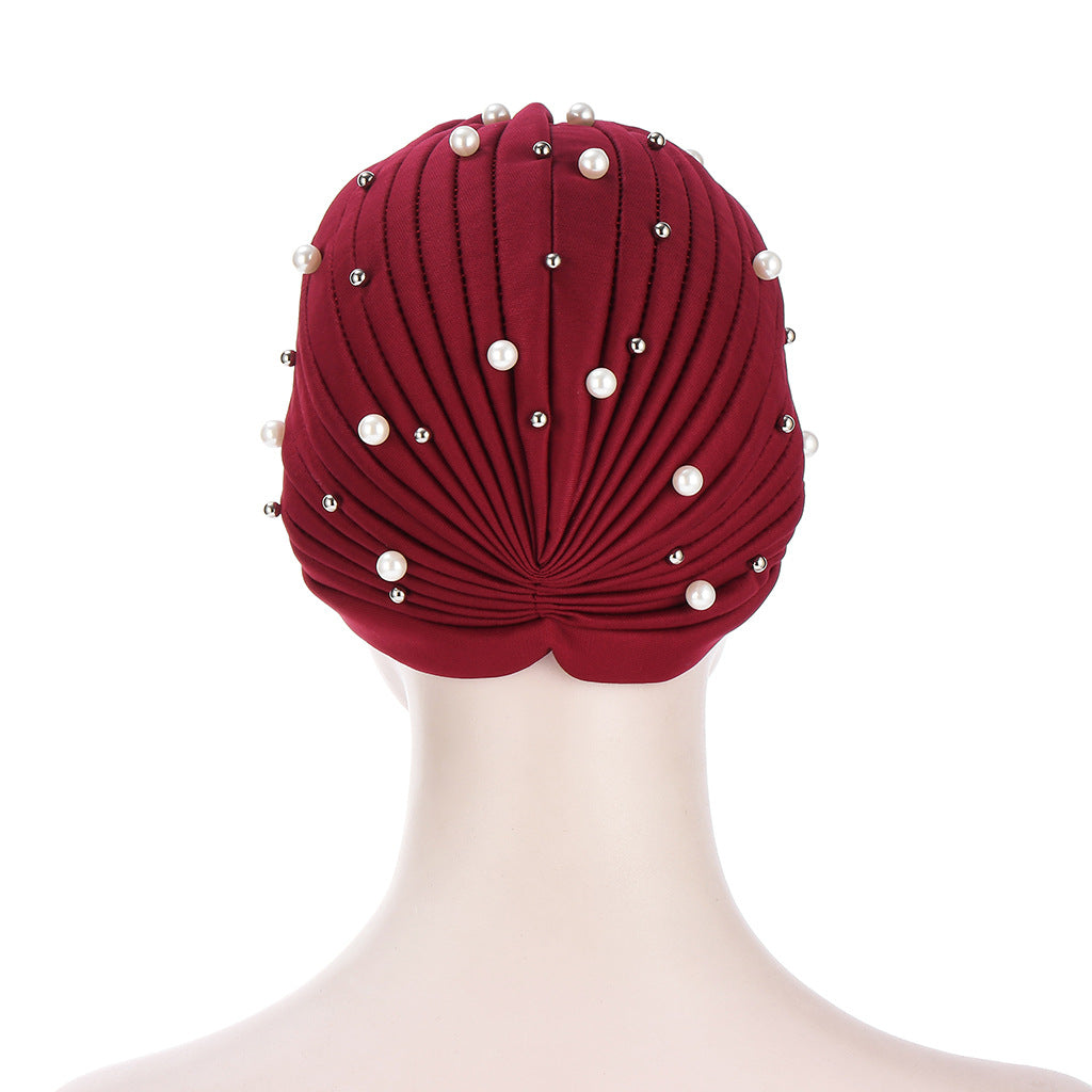 TJM-YD帽钉大小珠 pleated pearl hijab turban hat