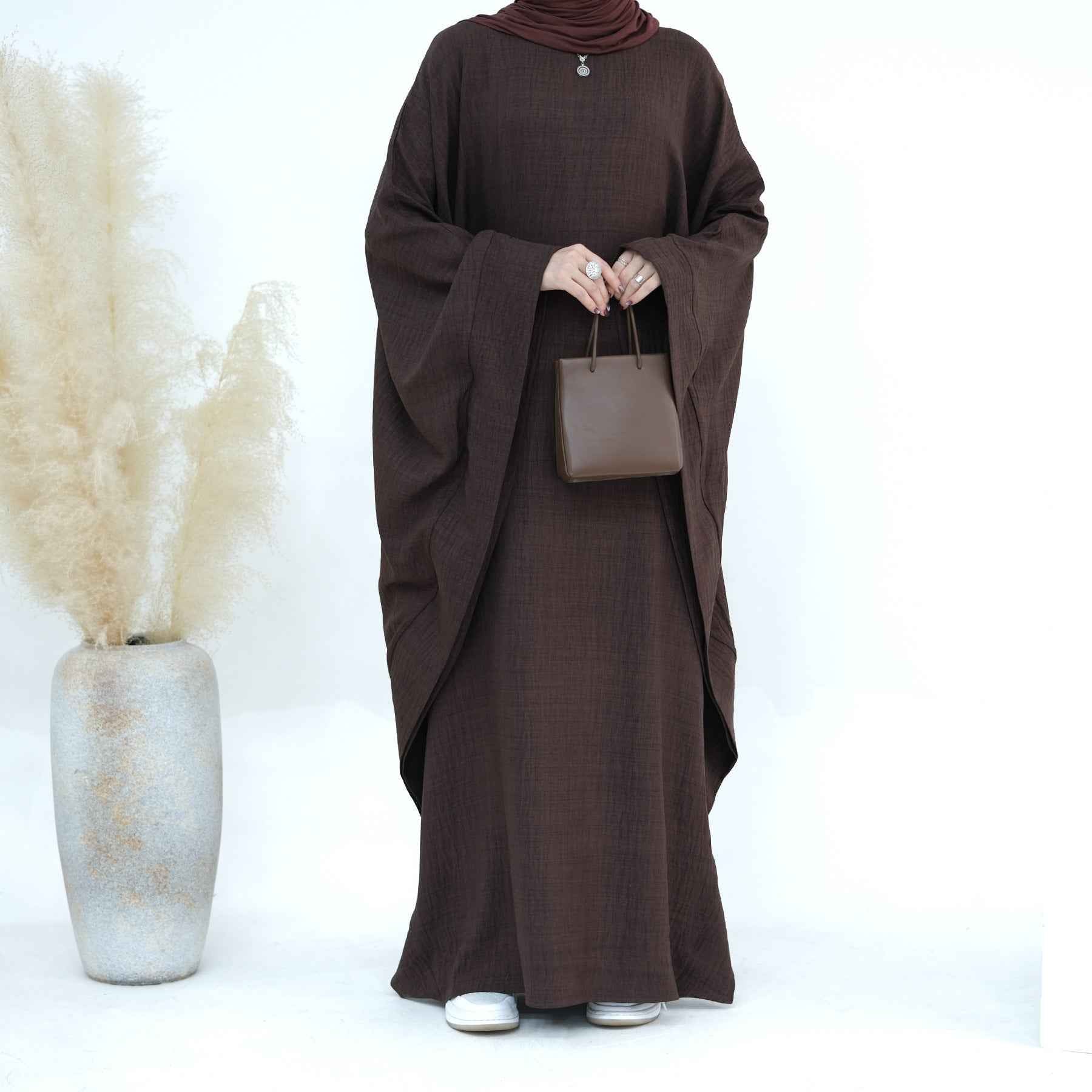 LR719 Abaya Dress with Draped Waist & Batwing Sleeves