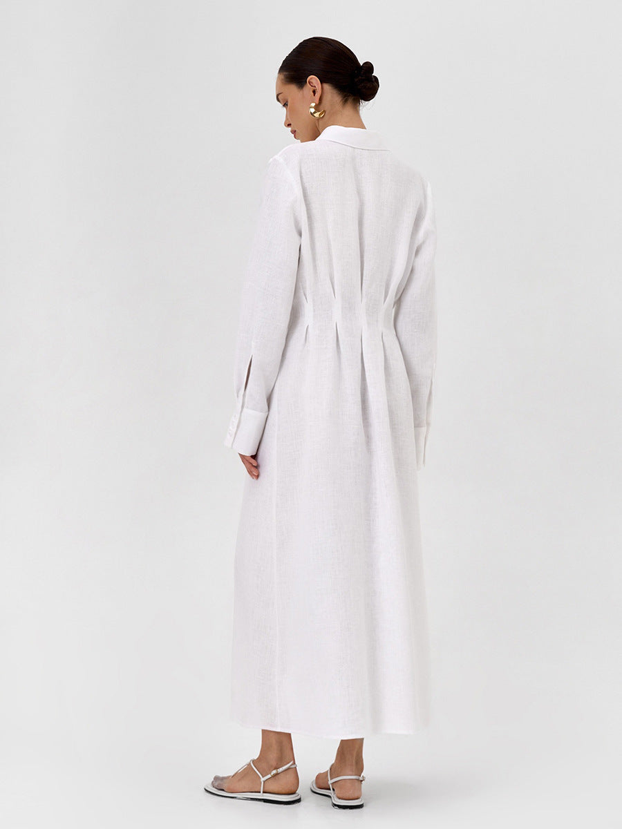 LYQ0431  Women's Waist-Cinching Linen Shirt Dress with Side Slit