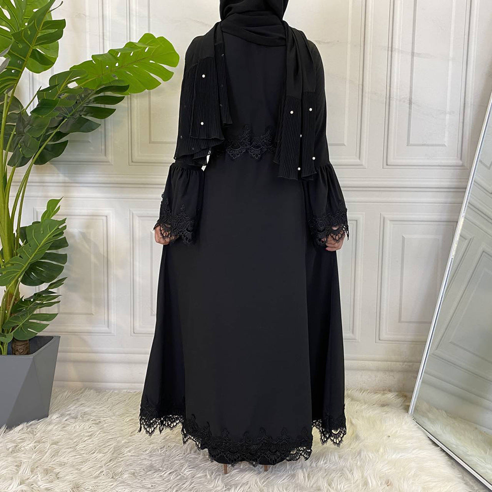 16001 plain Lace stitching muslim abaya dress