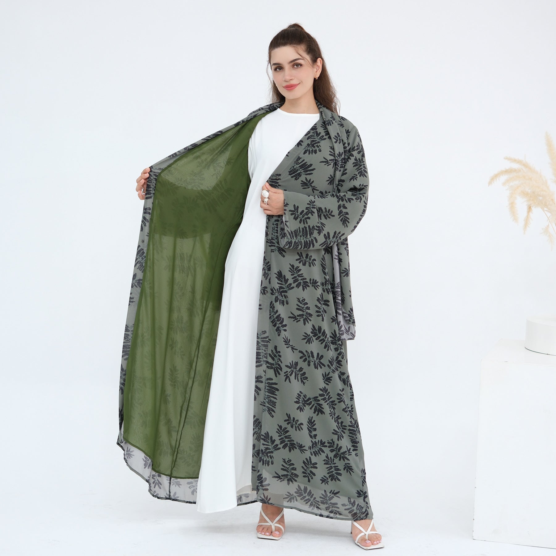LR1067  Printed Chiffon Lined Open Abaya + Hijab Set