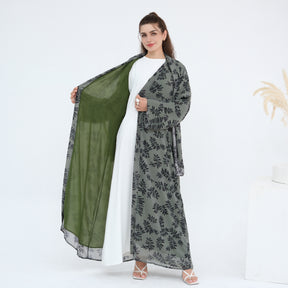 LR1067  Printed Chiffon Lined Open Abaya + Hijab Set