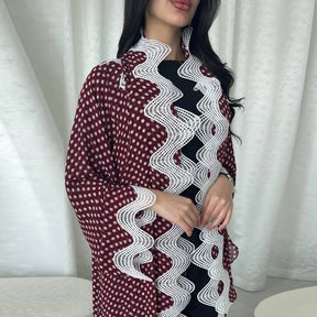MQ297  Red Polka Dot Chiffon Wavy Lace Cardigan + Hijab Set