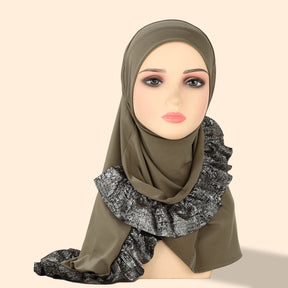 TD68-062  Plain Crystal Linen One-Piece Hijab, Silver Foil Ruffles