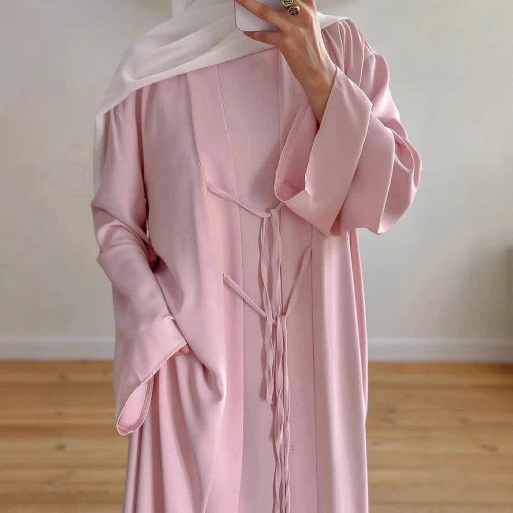 K113  Satin Tie-Front Open Abaya + Inner Dress Set - No Hijab