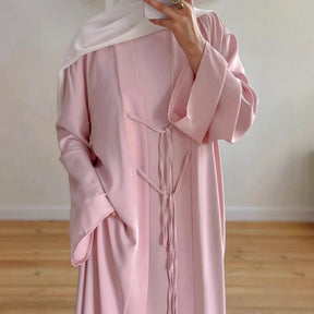 K113  Satin Tie-Front Open Abaya + Inner Dress Set - No Hijab