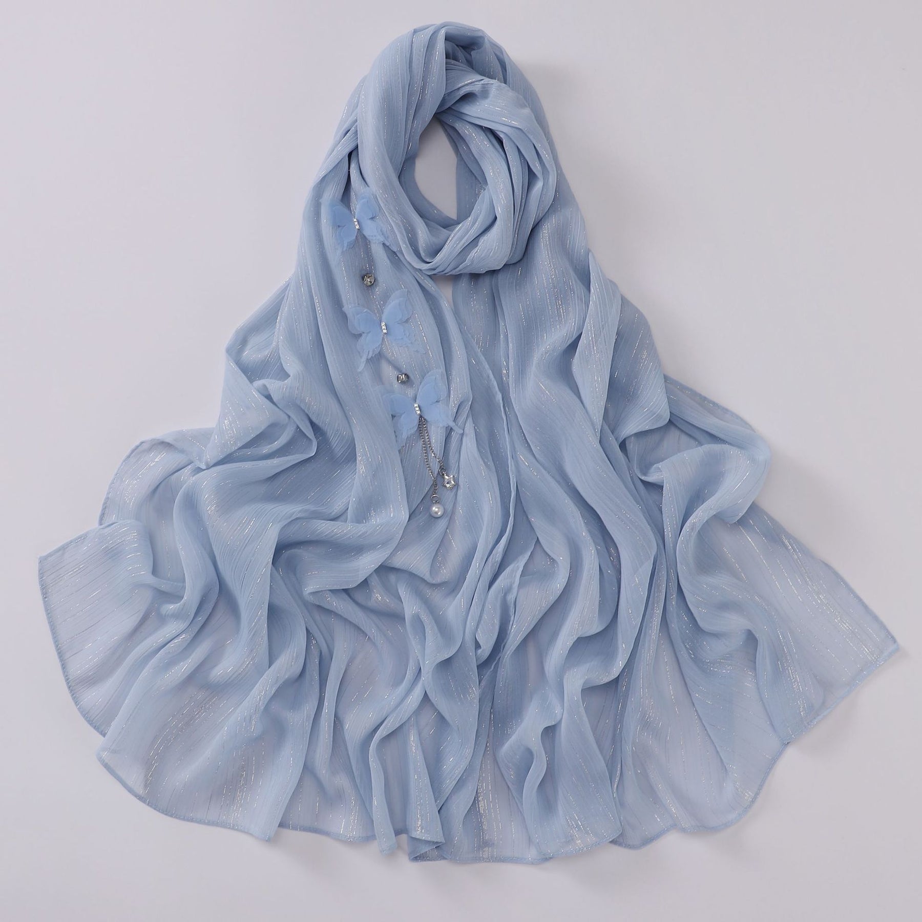 W-0115 plain pleated Silver thread Butterfly hijab scarf