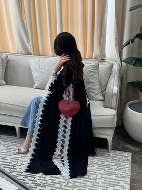 HY229 Black White Lace-Trimmed Polyester Open Abaya