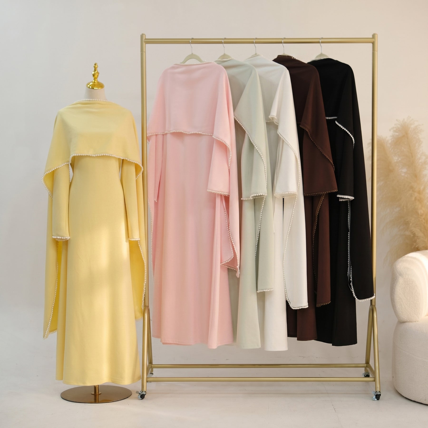 LR1167  Plain Scuba Beaded Shawl + Long Sleeve Dress Set