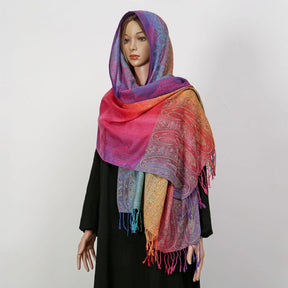 YF0438  Colorful Jacquard Soft Polyester Tassel Long Scarf