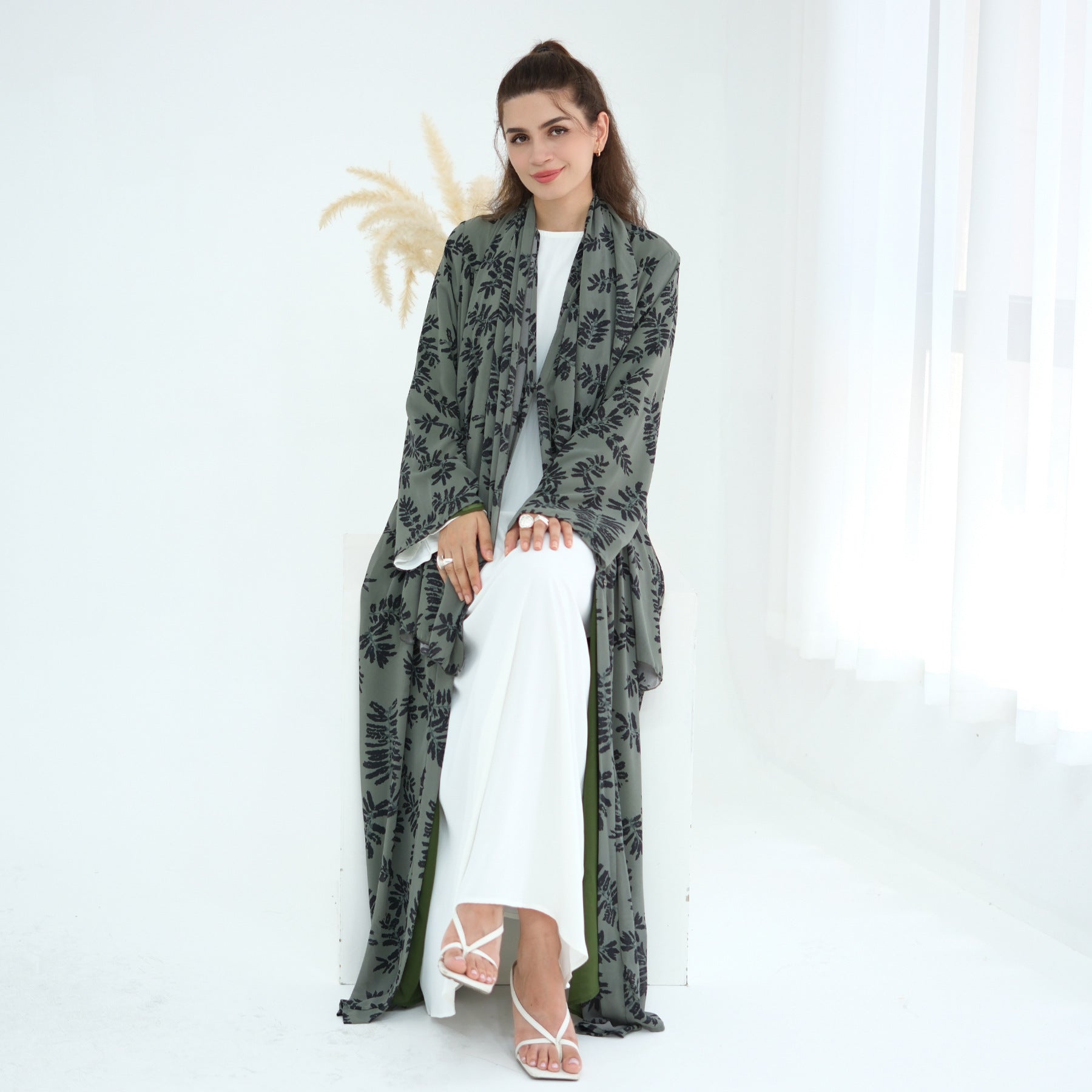 LR1067  Printed Chiffon Lined Open Abaya + Hijab Set