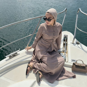 LR1124  Plain Solid Polyester Tie-Front Open Abaya Cardigan + Inner 2-Piece Set