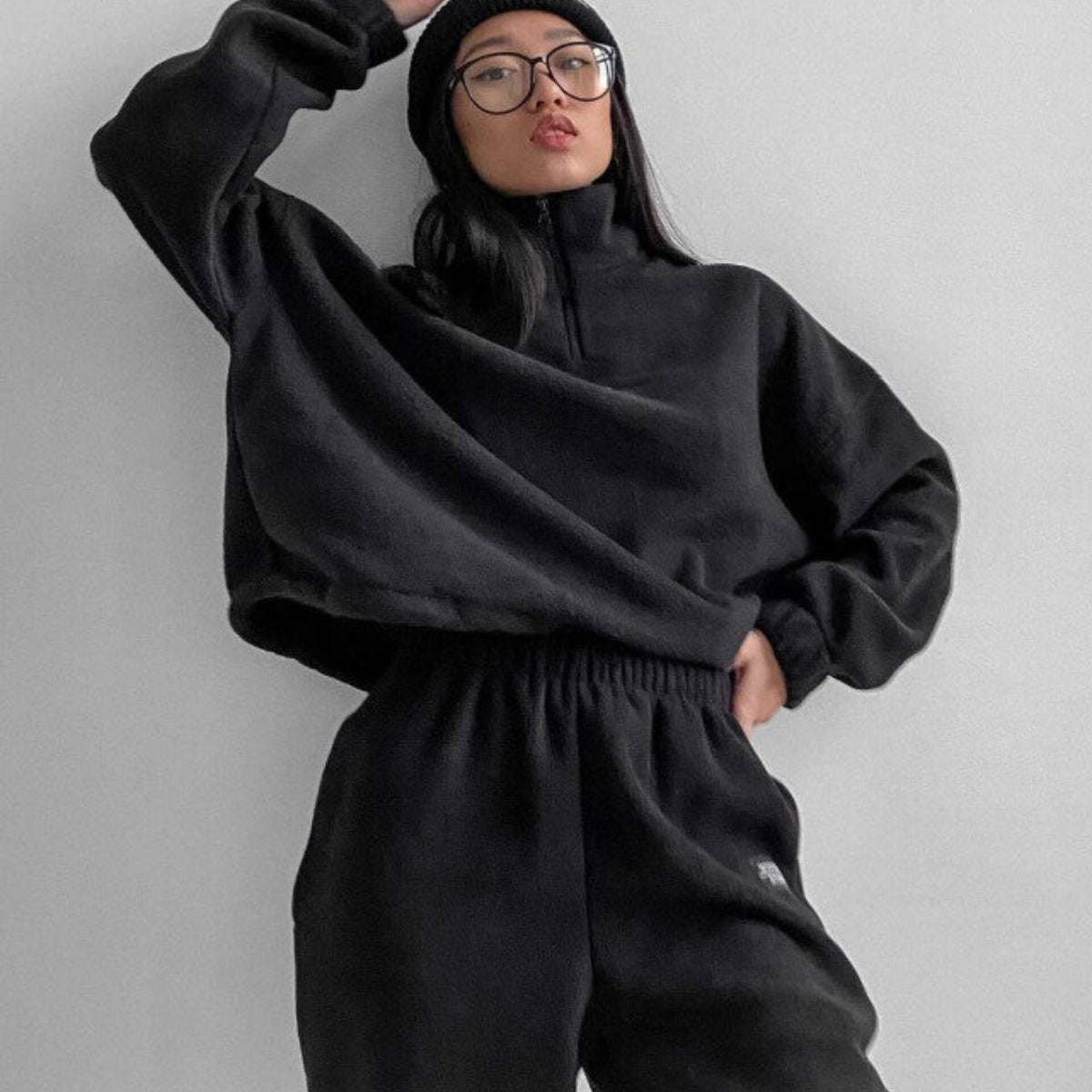 PP5972 Spring Autumn Plain Loose Zip Up Stand Collar Sweatsuit 2-Piece Set Abaya