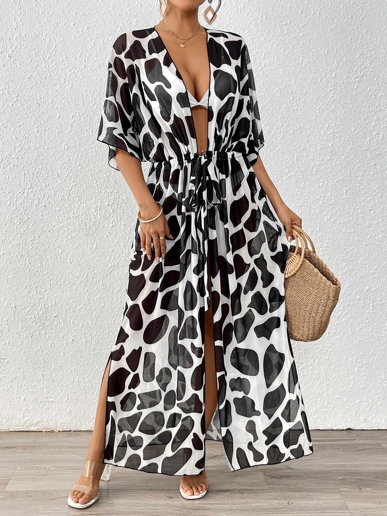 A12267  Batwing Sleeve Tie Waist Leopard Print Mesh Beach Bikini Cover Up