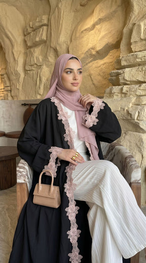 HBWT  Plain Lace Polyester Cardigan + Hijab Set