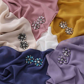 YZ133 Plain Pearl Chiffon Hijab with Hand-Set Crystals & Straight Hem