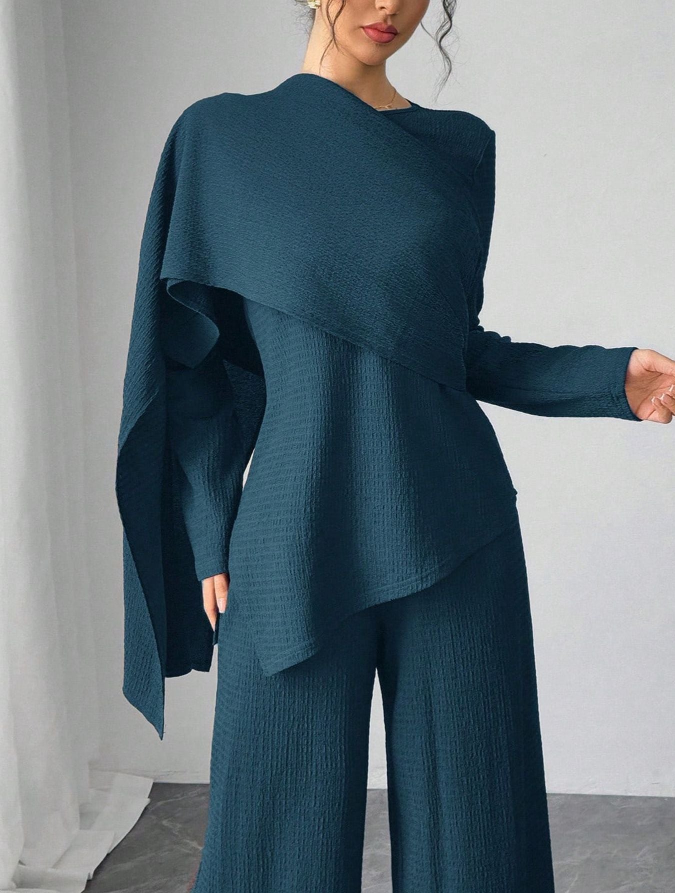 SY013  Elegant Casual Polyester Top + Wide-Leg Pants Set