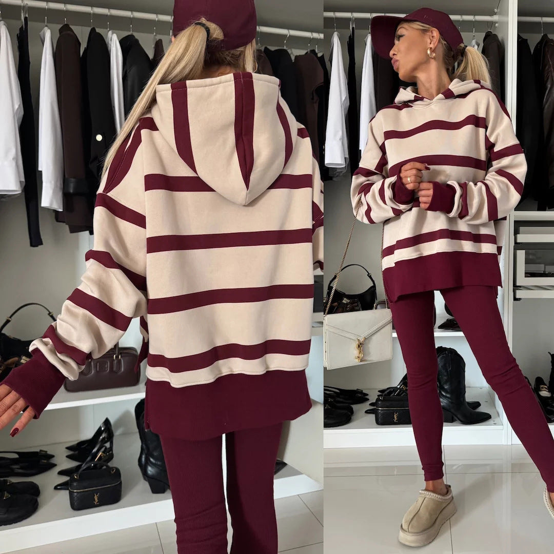 M80070  Women's Plain Printed Hooded Sweatsuit Autumn Winter Set