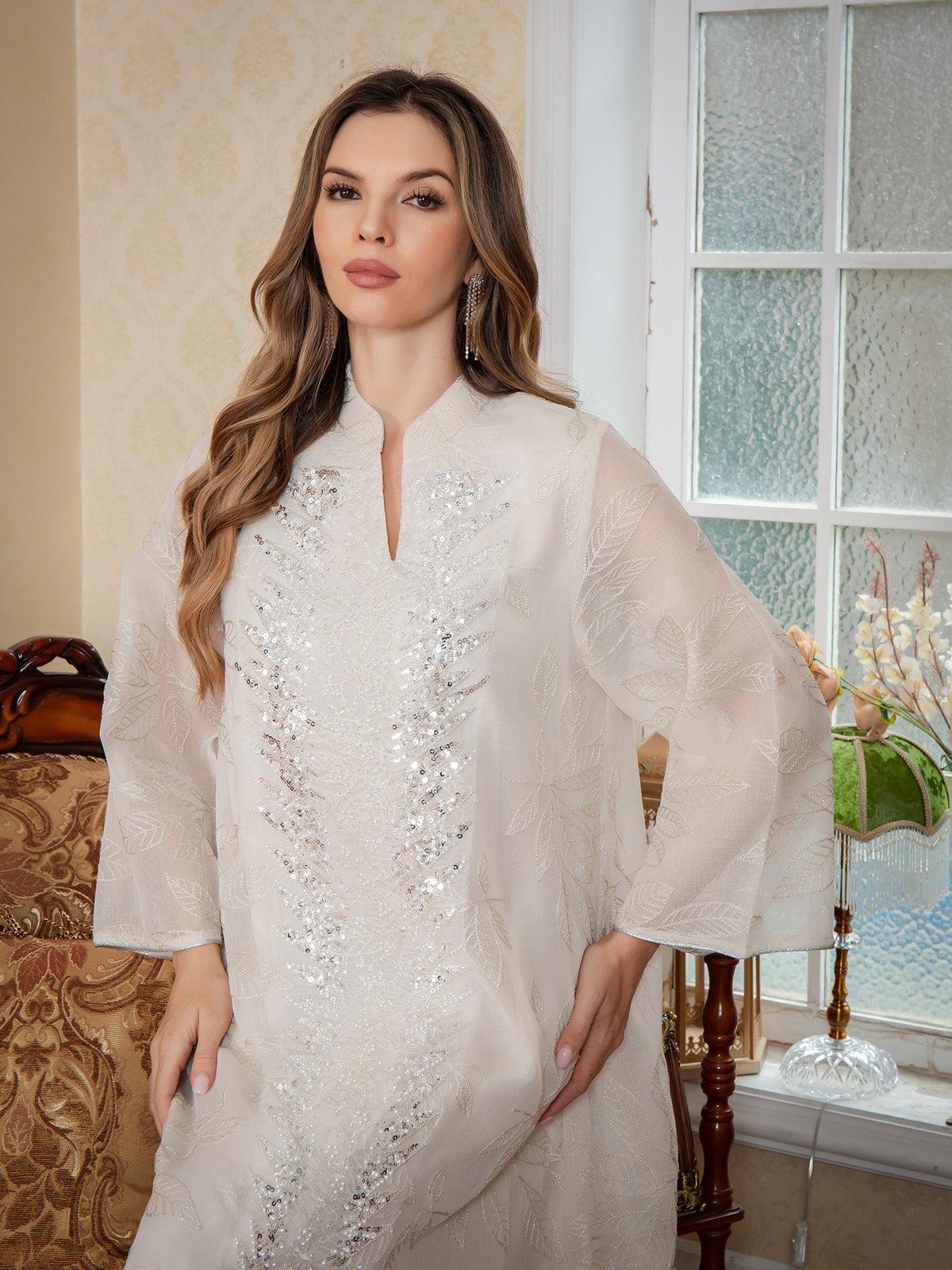 SMT169  Mesh dress with full embroidery