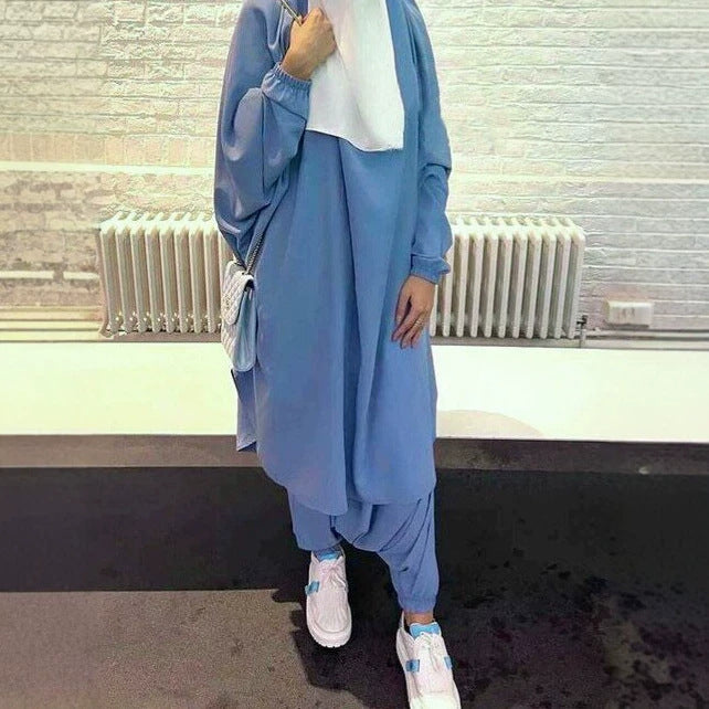 P103  Plain 2-Piece Loose Long Sleeve Top Hijab and Tied Pants Set