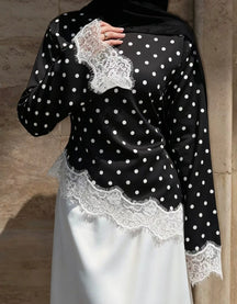 LR1357&LR1185  Lace Panel Polka Dot Polyester Top + Skirt Set
