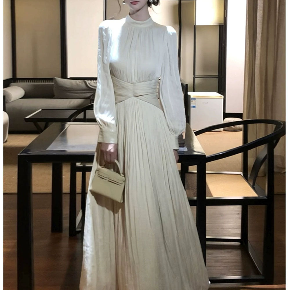 XMY01  Half Turtleneck Pleated Crossover Slimming Polyester Dress