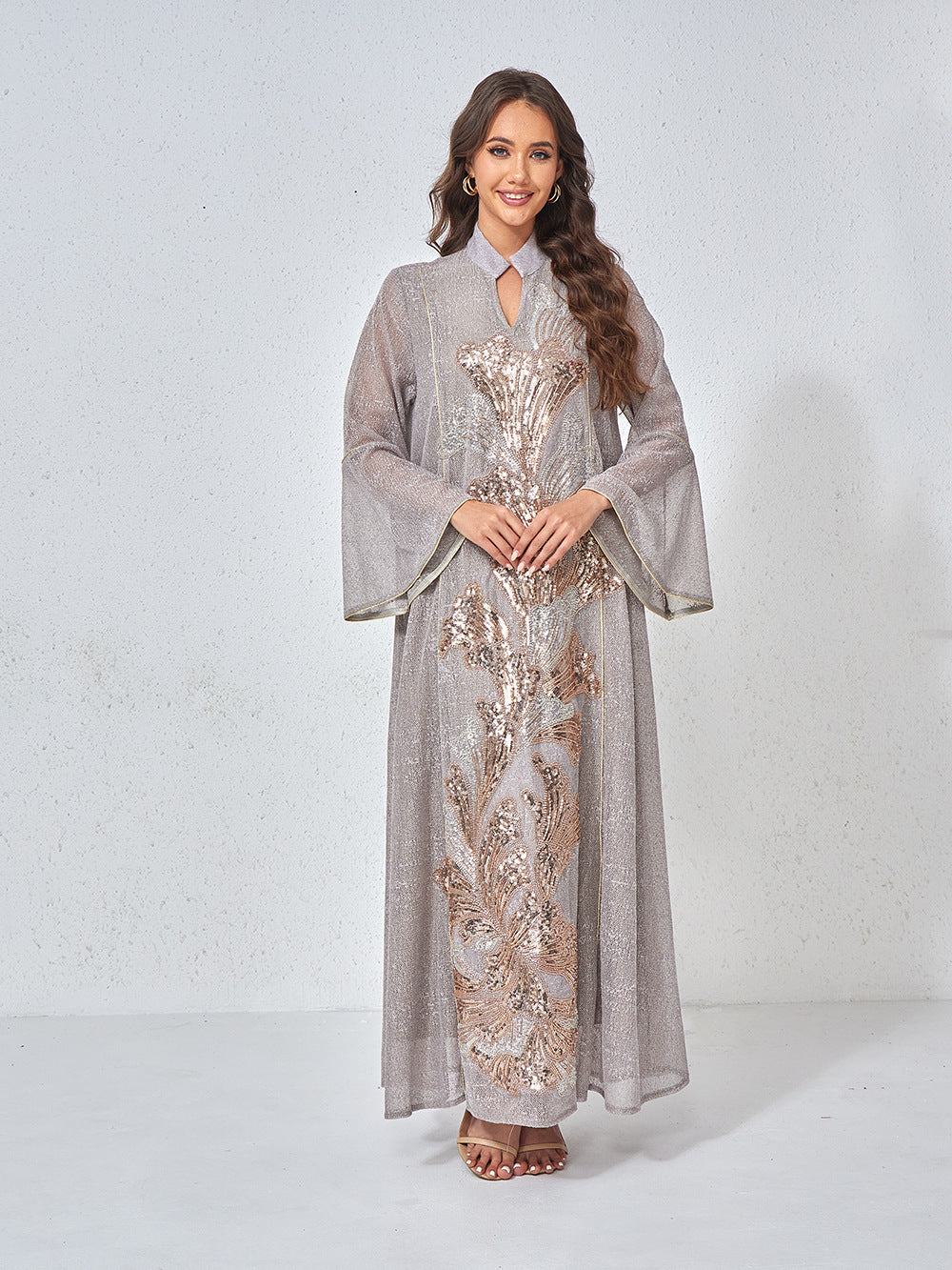 MT557  Stand Collar Sequin Beaded Embroidered Luxury Dress