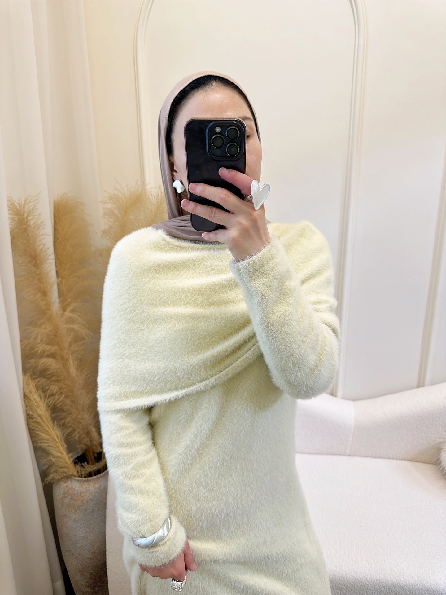 LR1085  2-Piece Plain Slim Fit Sweater Set with Shawl