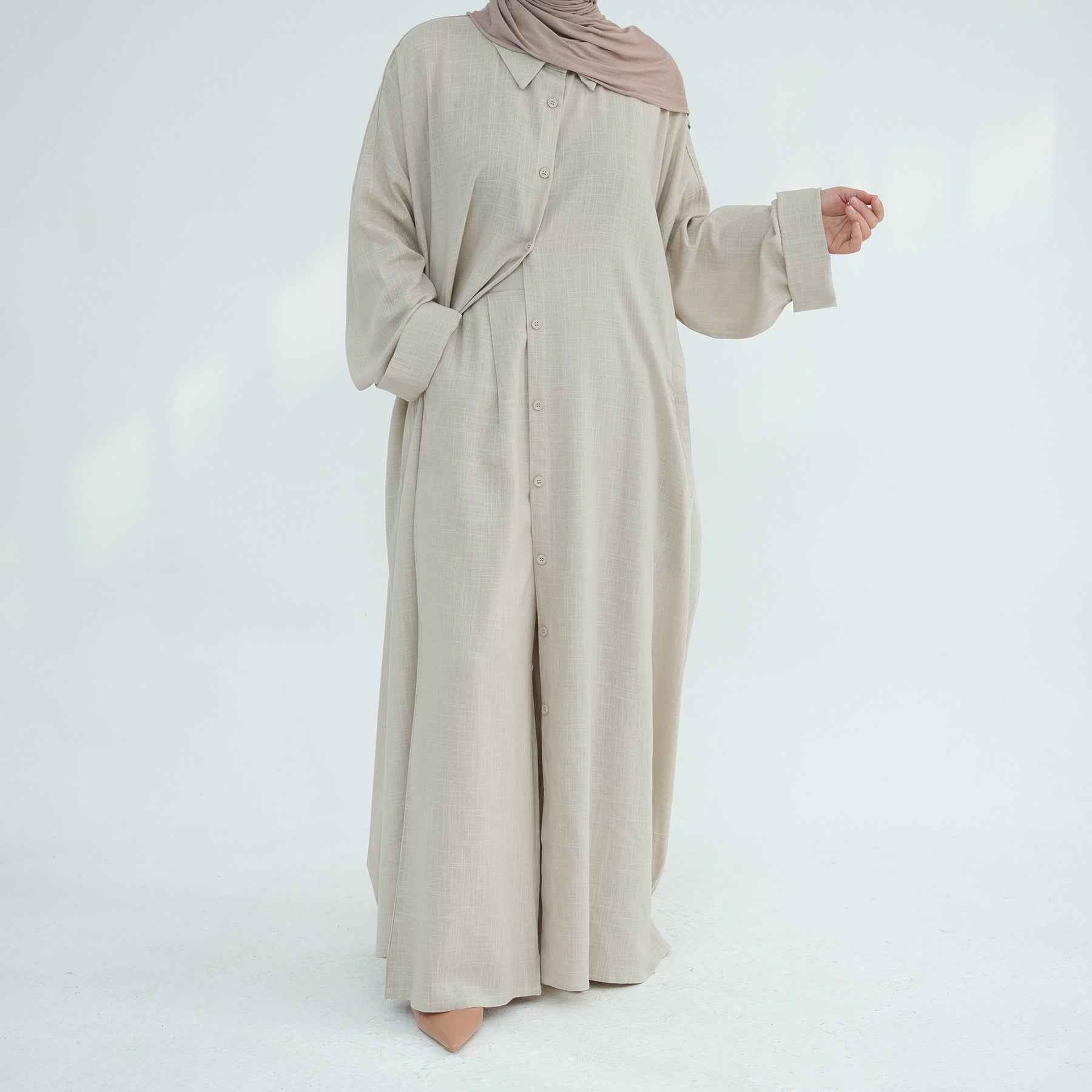 LR924  Plain Linen-Cotton Abaya Set