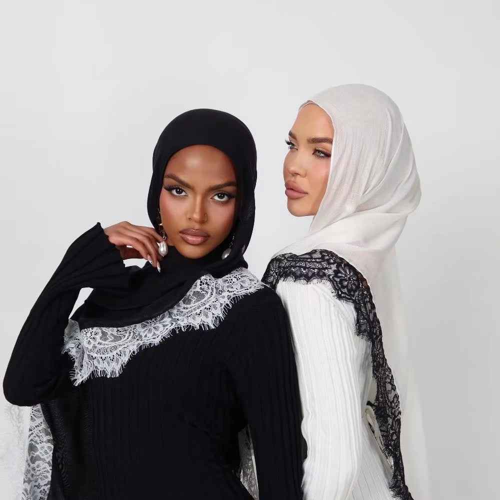 WJ079  Plain Cotton Hijab with Lace Trim