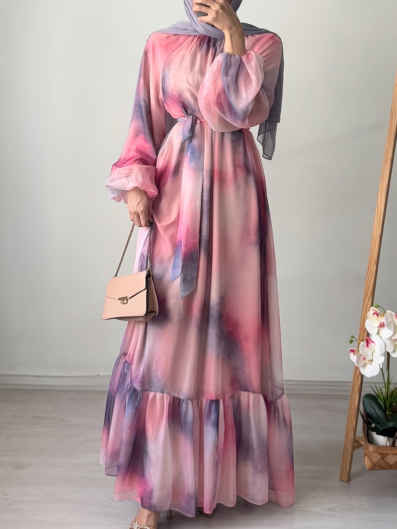 M4059 Fashion Chiffon Round Neck Tie-Dye with Belt Elegant Dress