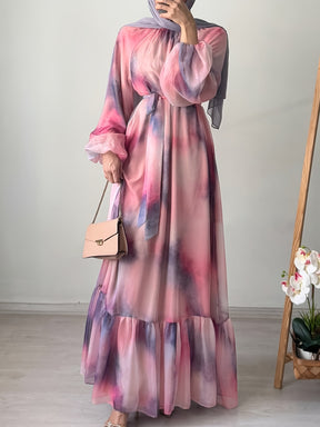M4059 Fashion Chiffon Round Neck Tie-Dye with Belt Elegant Dress