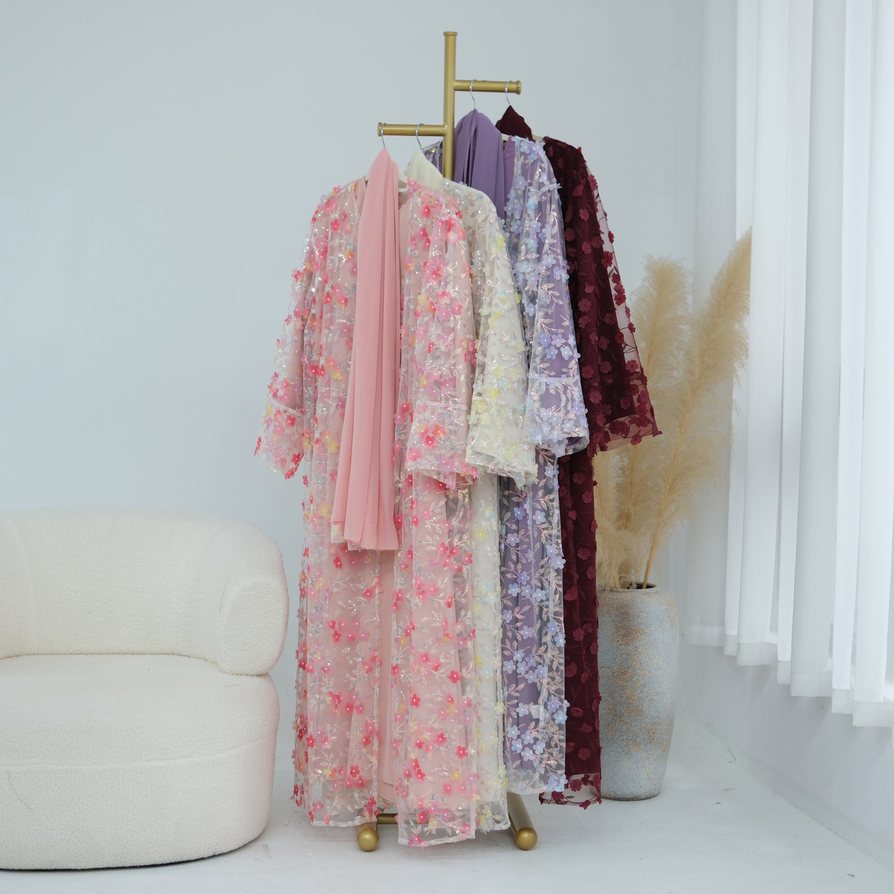 LR1189  3D Floral Open Abaya + Nida Inner Layer + Hijab Set