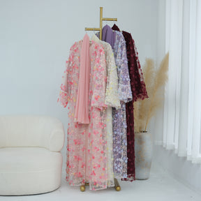 LR1189  3D Floral Open Abaya + Nida Inner Layer + Hijab Set