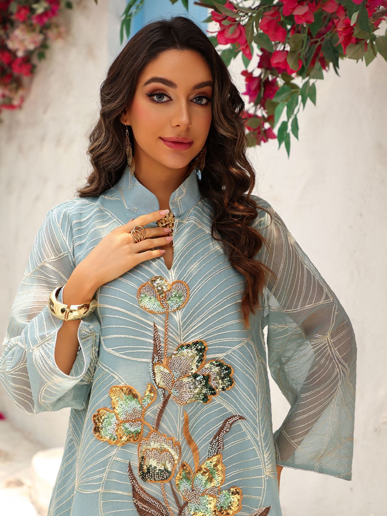 AB485  Mesh Embroidered Maxi Dress Ethnic Women's Clothing