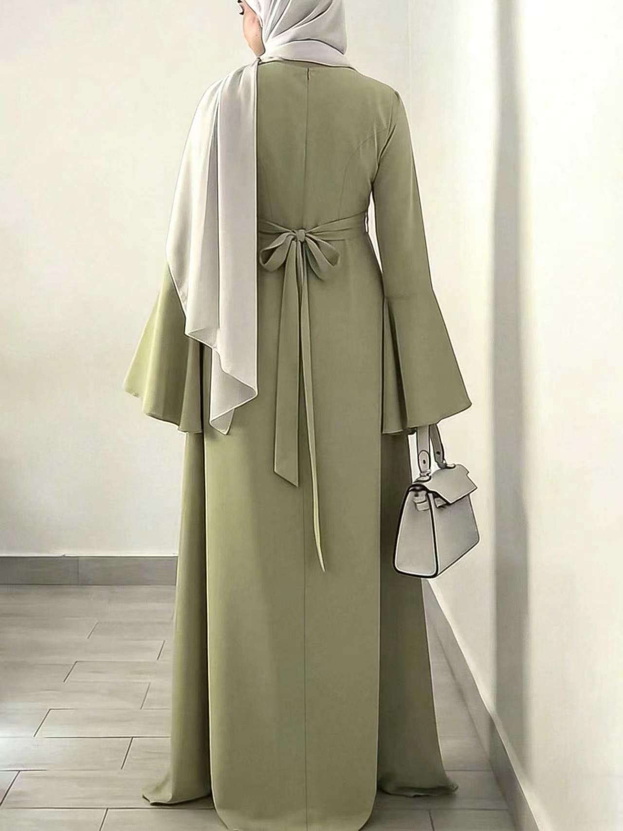 236663  Plain Bell Sleeve Slim-Waist Polyester Dress-Only Dress
