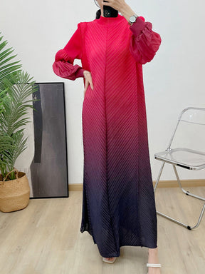 1169240391  Ombre Polyester Crinkle Lantern Sleeve Long Dress