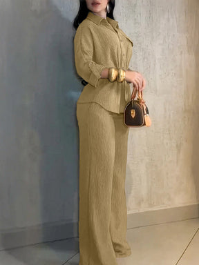 HC55359  Women's Lapel Button Shirt & Drawstring Wide-Leg Pants Set