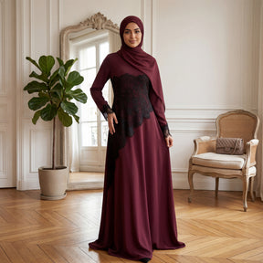 LR1174  Plus size lace panel long sleeve waist-cinching dress