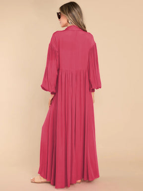 7826  Women's Casual Plain Button Lapel Pleated Long Sleeve Maxi Dress