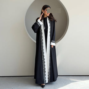 MQ266  Black Polyester Lace Patchwork Abaya