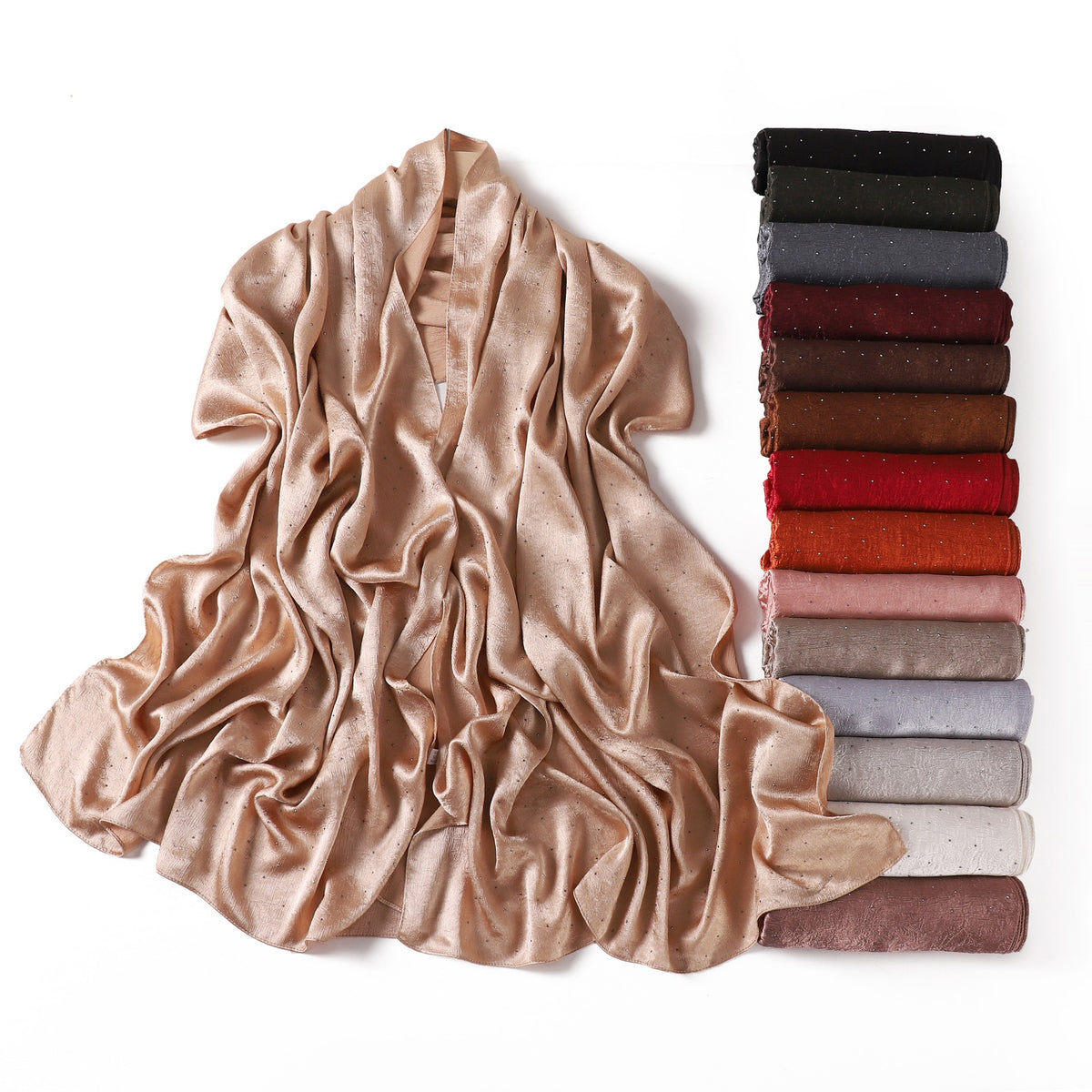 YZ325  Plain Hotfix Rhinestone Crinkled Satin Hijab
