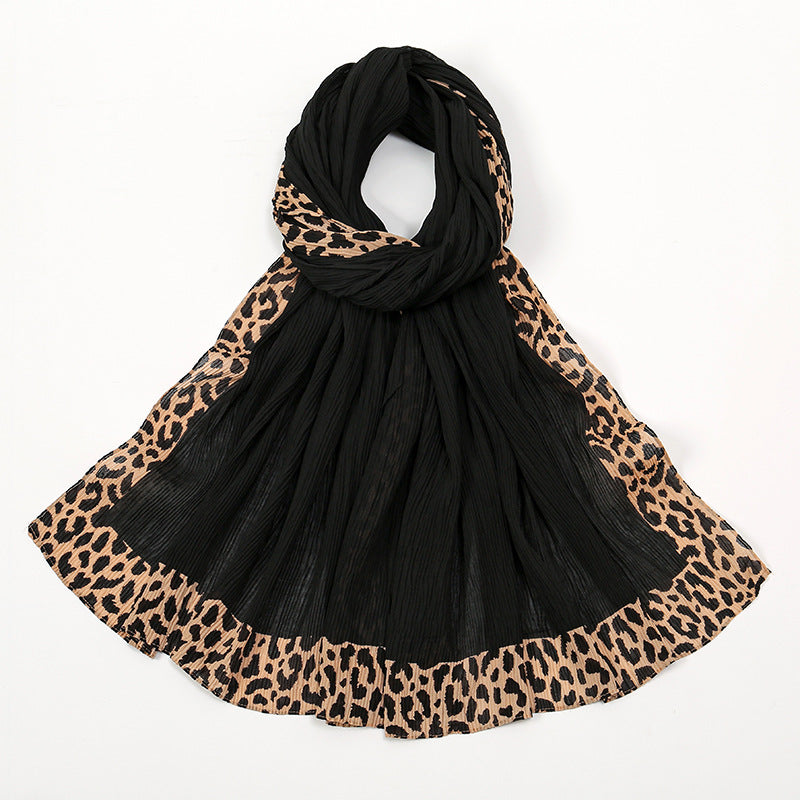 VS773 Hot sale new style leopard wrinkle polyester long scarf solid color headscarf