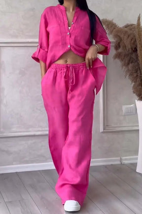 6670  Women's Plain Single-Breasted Long Sleeve Shirt & Tie Waist Pants Set