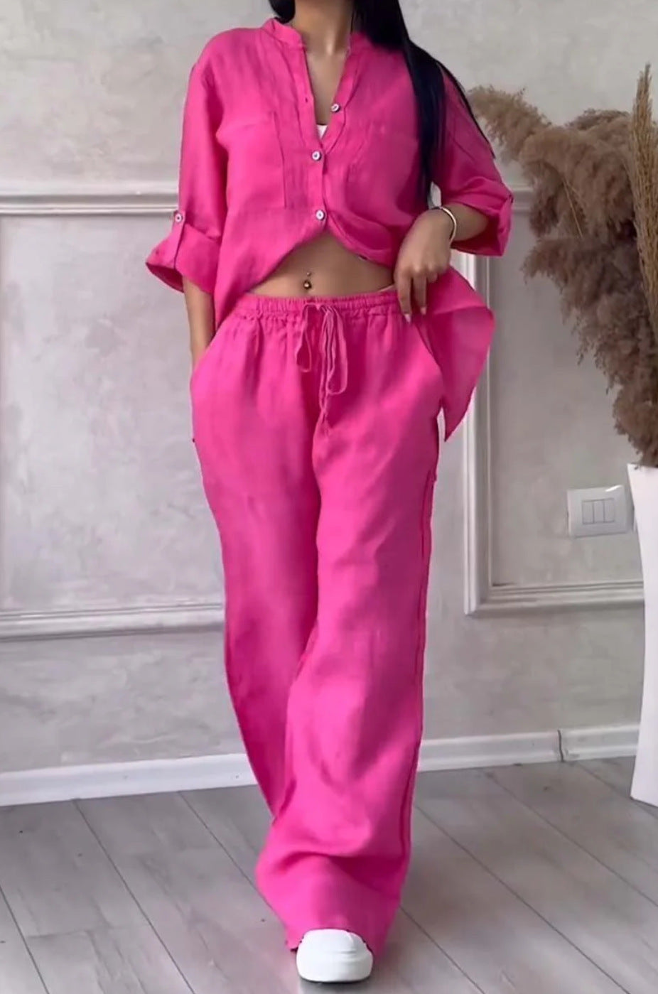 6670  Women's Plain Single-Breasted Long Sleeve Shirt & Tie Waist Pants Set