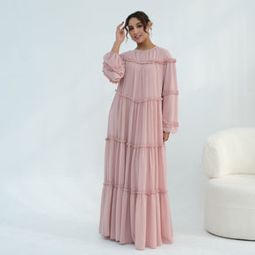 LR1161  Long Sleeve Tiered Ruffle Double Layer Dress